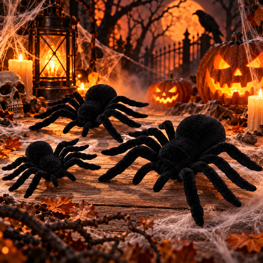 Realistic Black Flocked Spiders – Halloween Creepy Spider Decorations for Party, Table & Home Decor