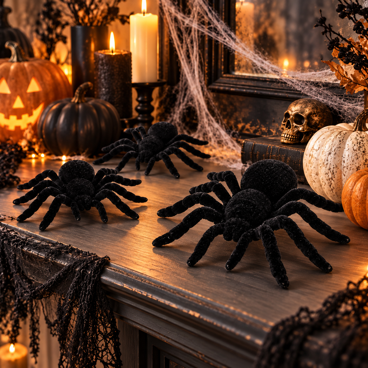 Realistic Black Flocked Spiders – Halloween Creepy Spider Decorations for Party, Table & Home Decor