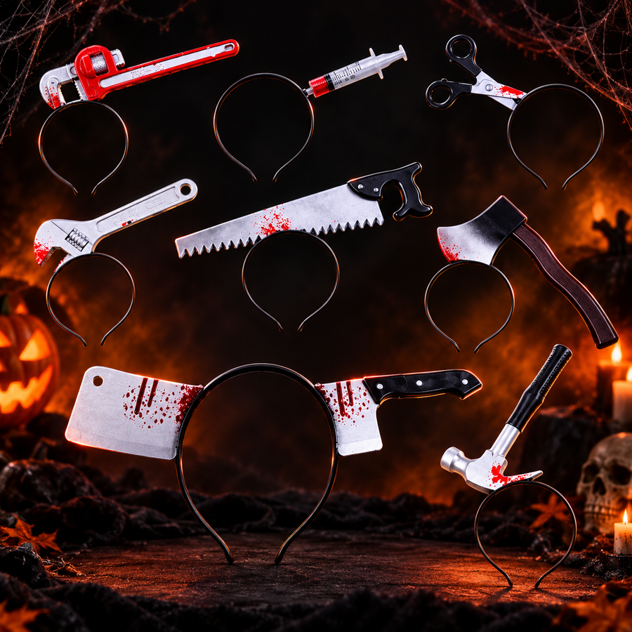 Halloween Bloody Weapon Headbands – Axe, Saw, Syringe, Scissors & Hammer Horror Party Costume Props