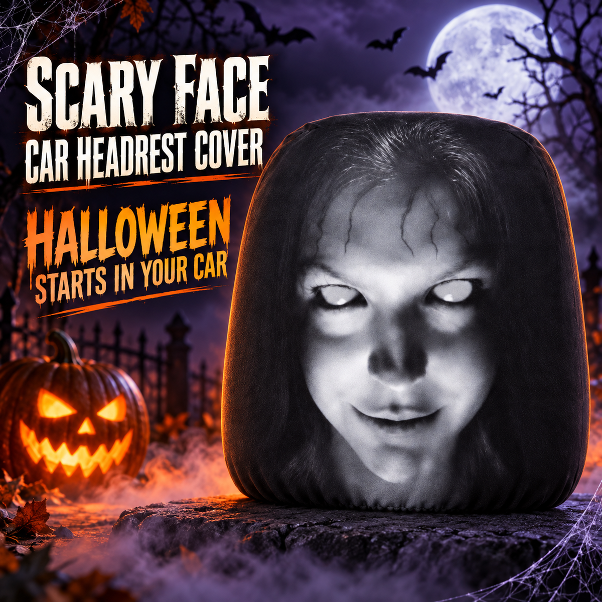 Scary Passenger Car Headrest Cover – Creepy Halloween Car Decoration