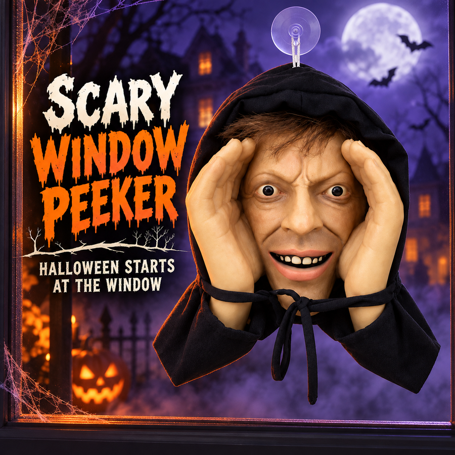 Halloween window peeker decoration with scary face and black hood