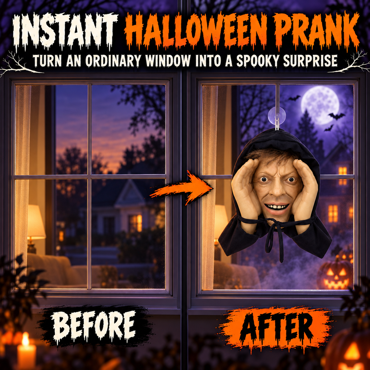 Halloween window peeker prop placed behind glass for spooky home decor