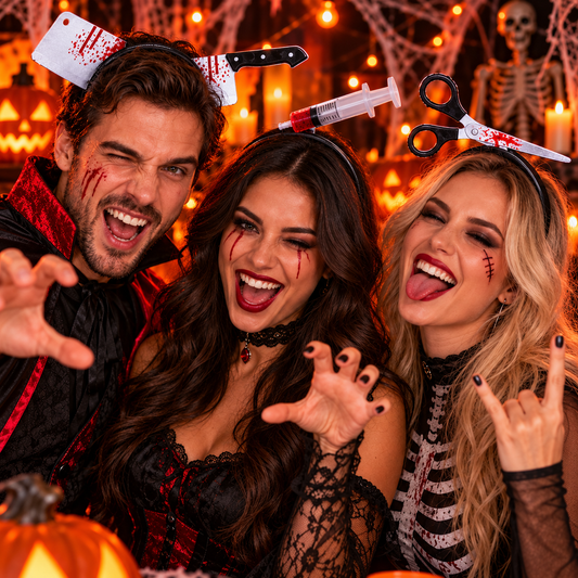 Halloween Bloody Weapon Headbands – Axe, Saw, Syringe, Scissors & Hammer Horror Party Costume Props